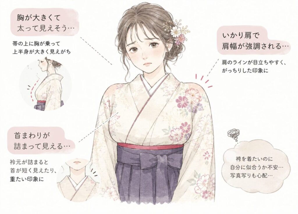 胸が大きい・いかり肩で悩む袴を着た女性